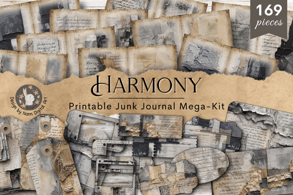 Harmony Grunge Gray Junk Journal Megakit: Textured Design Assets